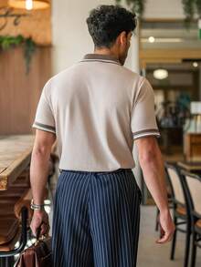 YOUESAWY YOUESAWY Men's Casual Colorblock Patchwork Short Sleeve Knit Sweater Men Summer Polo Shirts - Beige - View 2