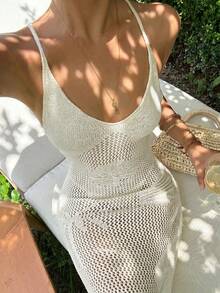 Sunnyshic 女款杏色精緻刺繡花卉百搭優雅性感海灘度假風夏季露背掛脖長洋裝 - 杏色 - 查看 5