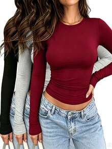 INAWLY Solva Women Solid Color Round Neck Long Sleeve Fitted Casual T-Shirt, Autumn Fall Cloth For Women - Multicolor - View 4