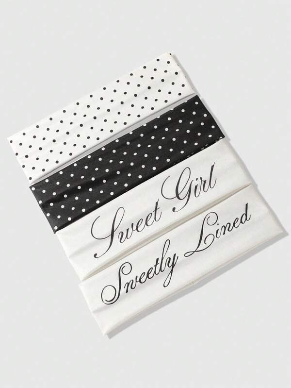 ROMWE Kawaii 4 piezas Diadema de mujer con estampado de letras y lunares en blanco y negro estilo retro francés, para uso diario, deportes y fitness, accesorios para el cabello de estilo elegante