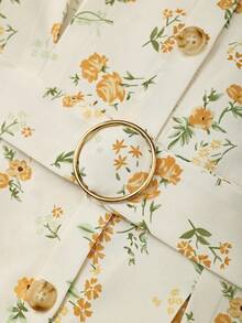 Poéselle Summer Short Sleeve A-Line Waist Cinched Floral Print Mini Dress For Women - Apricot - View 7