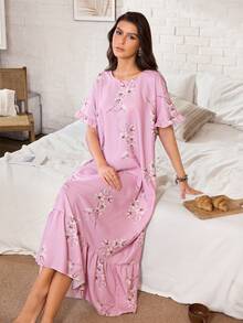 Serenescape Bubble Crinkled Ruffle Patchwork Floral Print Long Nightgown - Pink - View 6