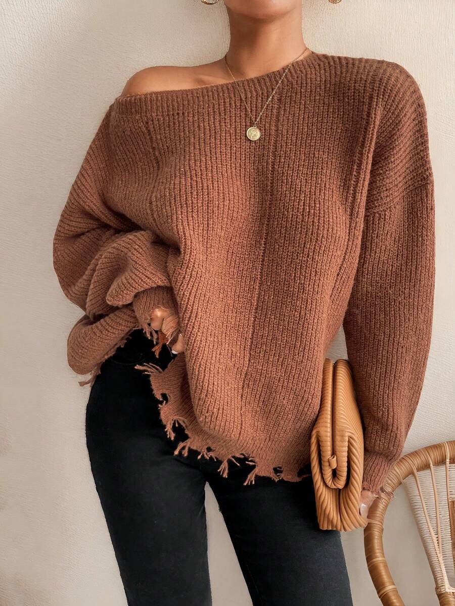 SHEIN VCAY Suéter con hombros caídos y ribete desgastado,tops de manga larga para otoño/invierno - Café integral - Ver 1