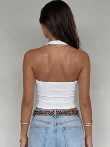 Women's Versatile Solid Color Sexy Spaghetti Strap Backless Fitted Summer Top. - Black and White - View 7