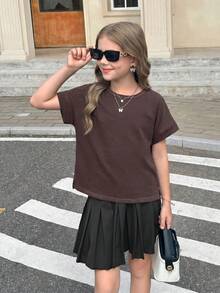 SHEIN Girlism Tween女孩春夏兩件式休閒時尚背後交叉露背對比線條設計圓領露肩短袖寬鬆版型T恤，返校季，親子套裝 - 彩色 - 查看 7