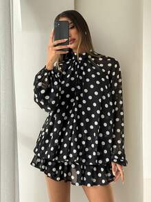 Aloruh Elegantes Damen-Minikleid im Puppenstil mit schwarz-weißem Polka-Dot-Muster, Regenschirm-Design, vielseitig für den täglichen Arbeitsweg, Teegesellschaft und Schulanfang, Herbstrock - Schwarz und Weiss - Übersicht 7