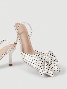 Mnmlis Women's Polka Dot Bow Pointed Toe High Heel Pumps For Christmas - Black and White - View 3