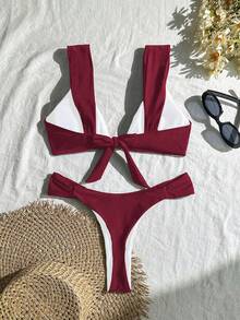 Bonvoyette New 2-Piece Pearl Buckle Thick Strap V-Neck Sexy Vacation Split Bikini Swimsuit Set For Women - Burgundy - View 5
