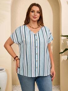 Rosumi Plus Size Women's Striped Batwing Short Sleeve Single-Breasted Casual Shirt - Blue - View 5
