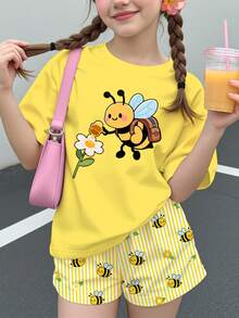 Tween Girl Tween Girl Casual Minimalist Cartoon Graphic Short Sleeve Top And Shorts 2 Pieces Set, Suitable For Summer - Multicolor - View 1