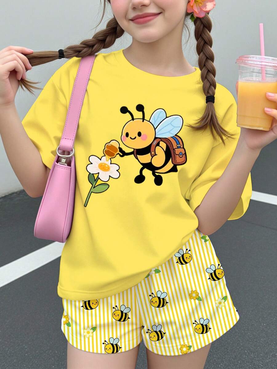 Tween Girl Tween Girl Casual Minimalist Cartoon Graphic Short Sleeve Top And Shorts 2 Pieces Set, Suitable For Summer - Multicolor - View 1
