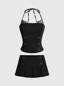 ROMWE Summer Hot Girl Lace Patchwork Big Button Design Halter Top & Ultra Low Waist Skirt Women 2pcs Set - Black - View 1