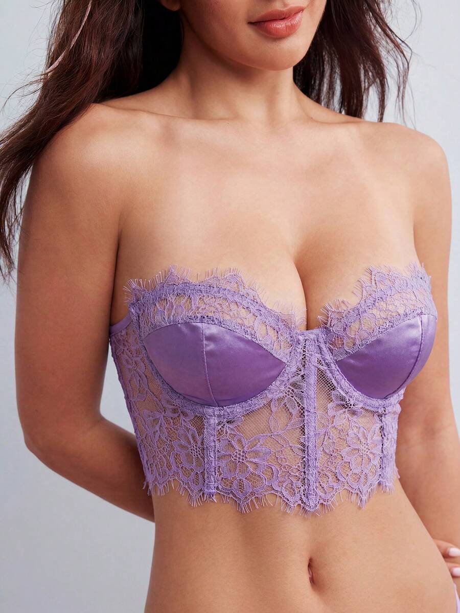 SHEIN 1件裝無肩帶蕾絲性感無鋼圈內衣 - 淡紫色 - 查看 1