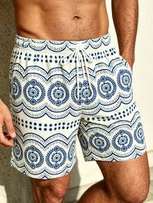 Manfinity Swimmode 男士幾何印花抽繩腰休閒沙灘短褲，夏季波希米亞度假夏威夷熱帶泳褲，情侶約會穿搭 - 寶藍色 - 查看 4