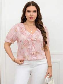 Reflora Plus Size French Vacation Floral Print Ruffle Tie-Front Blouse - Multicolor - View 6