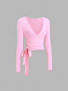 SHEIN EZwear 2026秋季新款 95%棉 時尚歐美性感簡約休閒運動健身彈性柔軟前開襟繫帶V領貼身長袖短版三件套純色優雅通勤女款T恤，四季皆宜，皮拉提斯、瑜伽運動T恤 - 彩色 - 查看 7