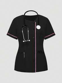 TaskEZ Nursing Uniform Set: Round Neck Short Sleeve Top And Pants Nursing Uniform Set, Suitable For Healthcare Professionals - Black - View 3