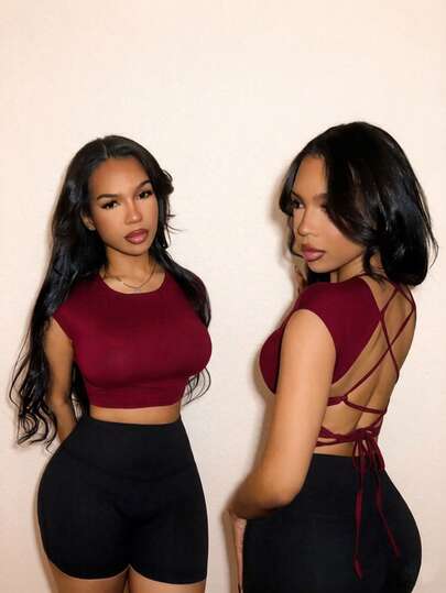 BamGleam Women's Round Neck Backless Lace-Up Sexy Casual T-Shirt Date Night Night Out Burgundy Summer