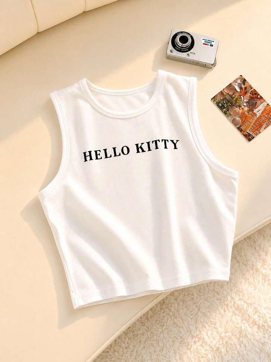 Resyla HELLO KITTY AND FRIENDS | SHEIN LOGO字母印花夏季女款修身背心 - 白色 - 查看 1
