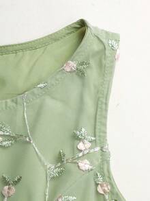 SHEIN 少女花卉刺繡網紗圓領無袖洋裝 - 綠色 - 查看 5
