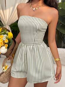 Sunnyshic Women's Spring/Summer Casual Vacation Fashion Daily Street Wear Summer Holiday Outfit Yellow & White Striped Bandeau Waist-Cinching Wide Leg Long Jumpsuit - Green - View 3