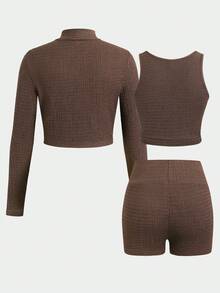 SHEIN Tween女孩休閒日常百搭舒適純色夾克背心短褲套裝運動服 - 咖啡棕 - 查看 3