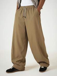SUMWON Pantalones casuales de pierna ancha con cordón y cintura elástica, pantalones de longitud completa de ajuste relajado para uso diario - Caqui - Ver 1