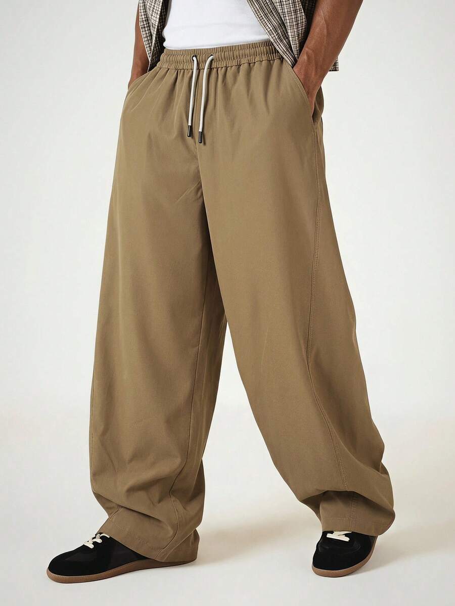 SUMWON Pantalones casuales de pierna ancha con cordón y cintura elástica, pantalones de longitud completa de ajuste relajado para uso diario - Caqui - Ver 1