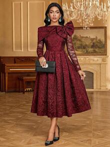 Fleurora Women's Floral Jacquard Bow Decor Contrast Lace Long Sleeve Elegant Mid-Length Dress - Burgundy - View 4