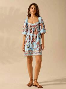 CAJUNI Women's Boho Tropical Floral Print, Vintage Holiday Casual Short Dress - Baby Blue - View 7