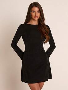 SHEIN BAE Spring/Autumn Black Boat Neck Flared Sleeve Backless Cowl Neck Metal Buckle Cinched Waist Short Dress, Vintage Sexy Style, Suitable For Party, Date, Evening Wear, Birthday Party, Daily Commute - Black - View 5