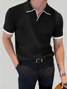 DAZY Black Commuter Contrast White Trim Polo Collar Men's Knit Top Summer - Black - View 7
