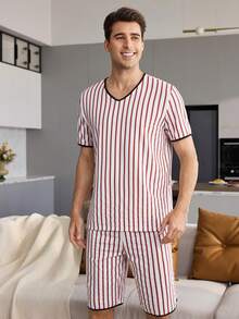 CoupledUp V-Neck Casual Striped Print Pullover Short-Sleeved Shorts Men's Pajama Set - Multicolor - View 2