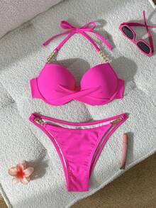 Swim SXY Summerbeach Women's Solid Color Metal Decor Halter Top And Bottom Bikini Set - Pink - View 3