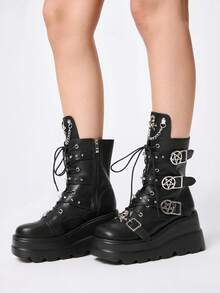 ROMWE Grunge Punk Women Heeled Sandals Punk Style Dark PU Riveted Platform Riding Boots Women Small Height Goth Metal Handsome Locomotive Boots Babes Fried Street Small Boots - Black - View 3