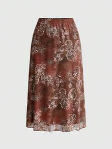 ROMWE Women's Hippie Music Festival Bohemian Casual Pattern Mesh Print A-Line Skirt Picnic Vacation Brown And White Summer - Brown - View 1