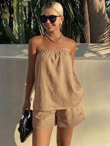 Livesso Conjunto de 2 piezas de camisa casual de verano & top tubo con shorts de corte holgado para vacaciones en la playa para mujer - Caqui - Ver 2