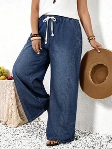 EMERY ROSE EMERY ROSE Plus Size Women's Drawstring Waist Pocket Casual Traditional Loose Fit Versatile Daily Travel Denim Jeans Boho Wide Leg Summer Vacation Beach - Blue - View 6