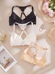 DesireSculpt 3pcs/Set Front Closure Sexy Lace Patchwork Bra Set - Multicolor - View 2