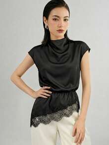 Heiryn Women's Solid Color Stand Collar Asymmetric Hem Contrast Lace Casual Elegant Blouse Office Black Summer - Black - View 7