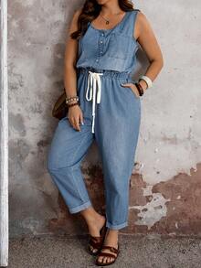 EMERY ROSE CURVE Women's Plus Size Light Blue Sleeveless Denim Jumpsuit,Summer Casual Hiking Outfit,Button Front Drawstring Waist Rolled Cuff Ankle Length Overalls - Blue - View 5
