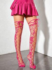 ROMWE 1Pair Sweet Kawaii Versatile Rose Red Strap Hollow Knee Fishnet Socks - Hot Pink - View 2