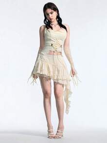 ROMWE Women's Solid Color Lace-Up Design Casual Aesthetic Y2k Versatile Daily Night Club Outing Night Out Concert Camisole Top Pale Yellow Summer - White - View 8