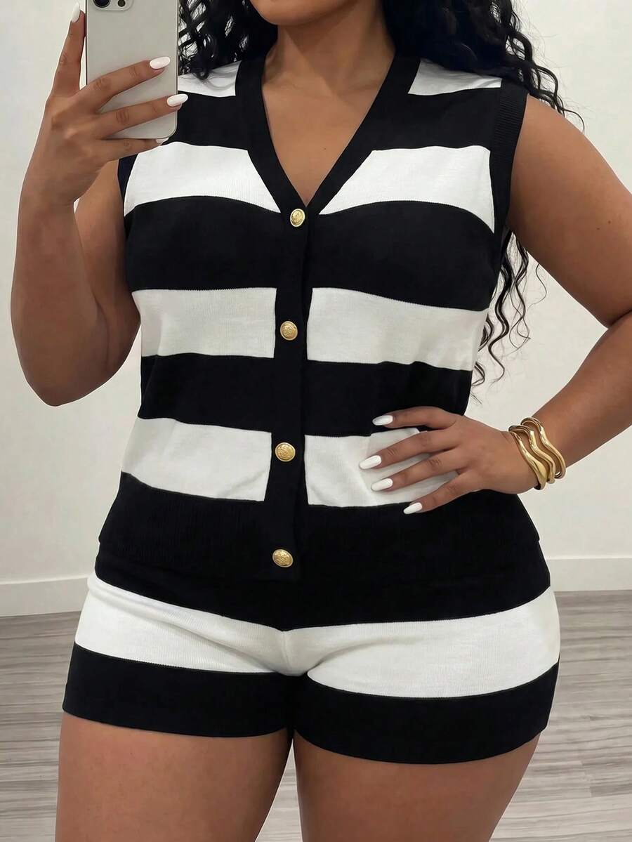 Slaydiva Plus Size Women's Striped Single-Breasted Knit Vest And Knit Shorts Set Fall