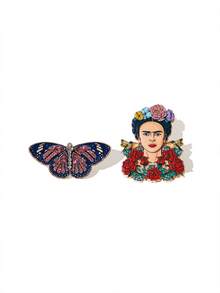 Frida Kahlo X SHEIN 2件組藝術鋅合金胸針別針套裝，女性包包吊飾裝飾，適合作為禮物、收藏、紀念品，水鑽設計 - 彩色 - 查看 4