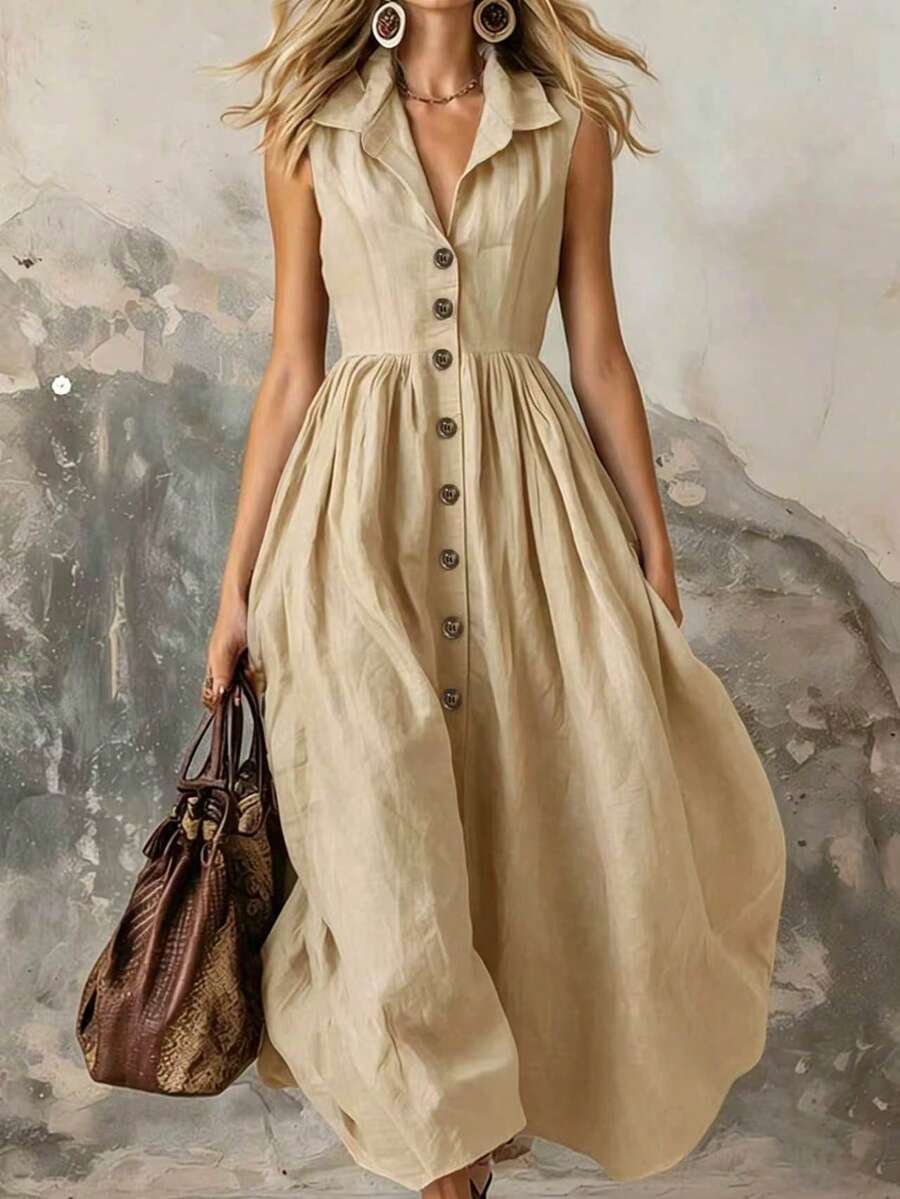 EMERY ROSE Graduation Dress Women's Fashion Solid Color Dress With Elegant Design & Front Button Detail, Suitable For Beach, Dating, Outings And Daily Commute - Khaki - View 1