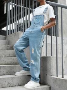 Manfinity EMRG American Retro Streetwear Light Blue Washed Denim Overalls With Distressed Details, Loose Straight Leg Long Pants For Summer Holiday - Blue - View 6