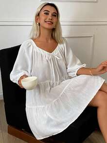 DAZY Camisón de mujer de unicolor holgado con lazo delantero, pijama de verano - Blanco - Ver 3