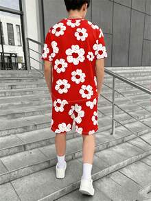 青少年男孩春夏季休閒時尚兩件套，紅色配白色花卉圖案，花卉印花設計，休閒基本款短T恤和短褲套裝，日常穿著、旅行、輕運動 - 彩色 - 查看 2