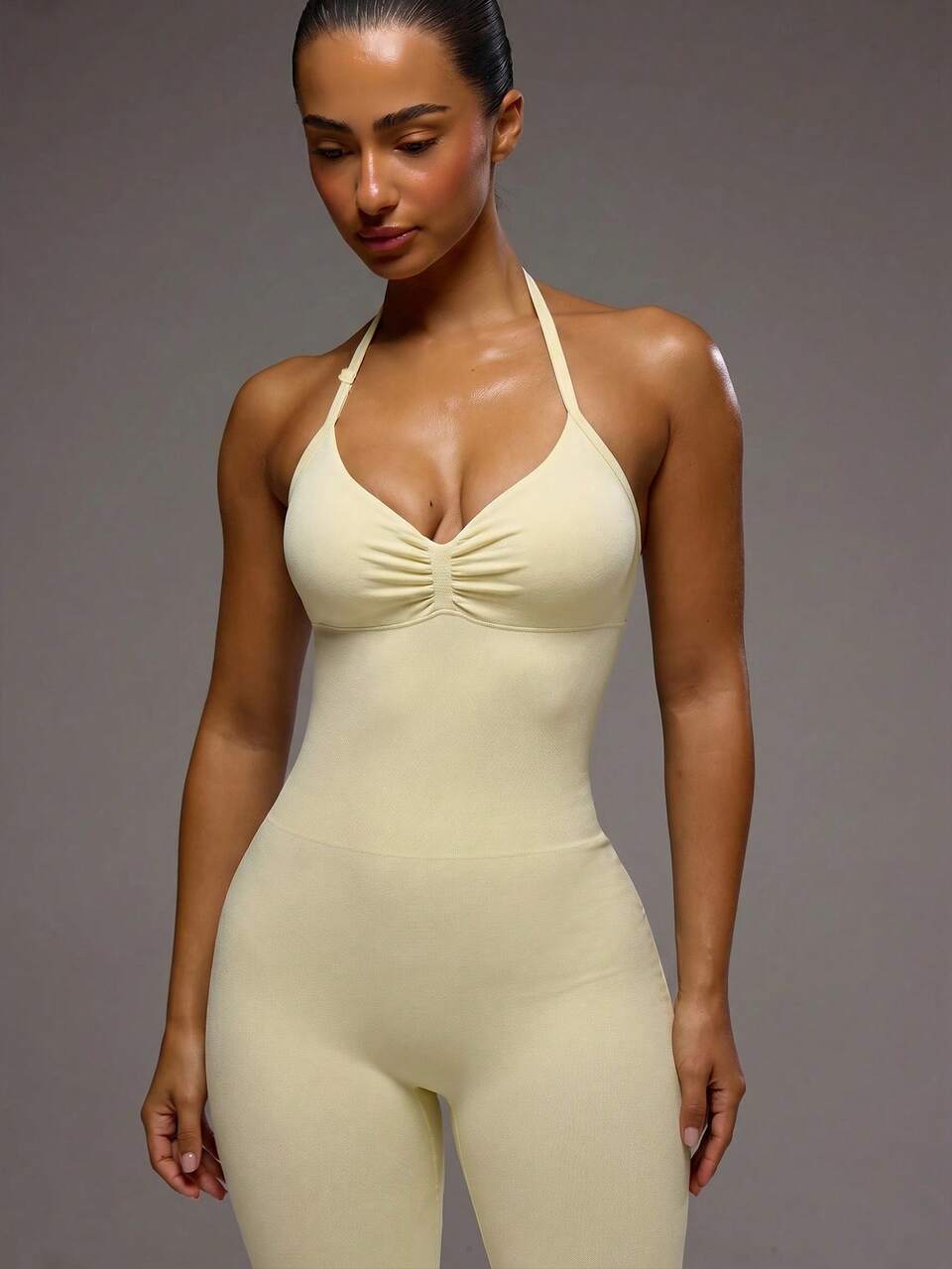 Active Butter Yellow Ruched Padded Halterneck Scrunched Jumpsuit